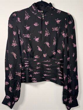 ME+EM Silk Top 6 Black purple floral print ruched waist jewel collar long sleeve